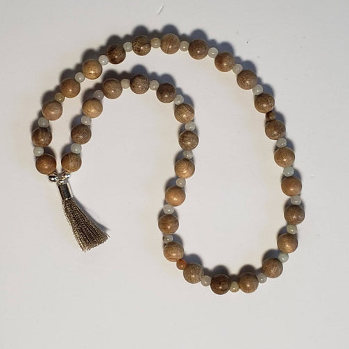 sandalwood, amazonite, beige tassel, silver accents