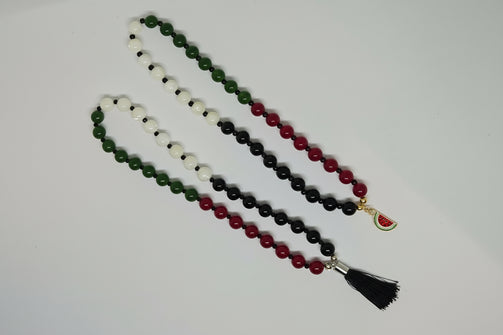 Onyx, red jade, green jade, mother of pearl bracelet/ tasbeeh / misbaha with watermelon charm or black tassel. 